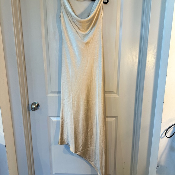 NEW Meshki Gold Satin Asymmetrical Draped Low Back Maxi Slip Dress, Size S & L - Picture 12 of 13